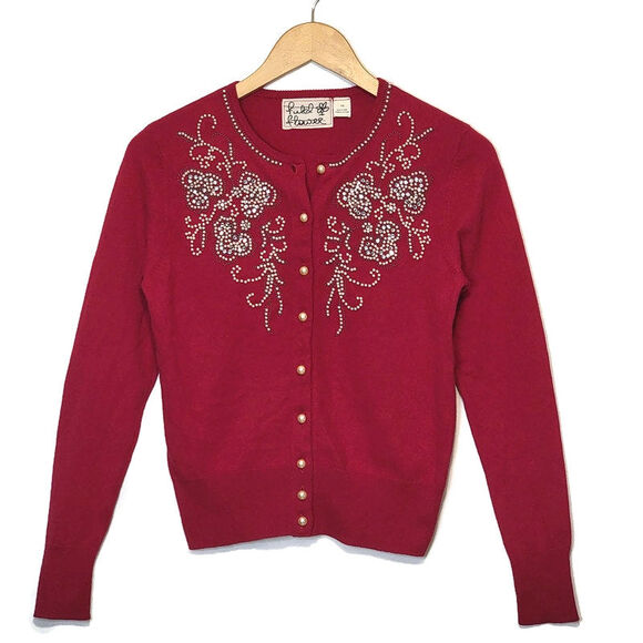 Anthropologie Red Pearl Bead Cardigan Sweater Scoop Neck Holiday Festive XS - Picture 1 of 14